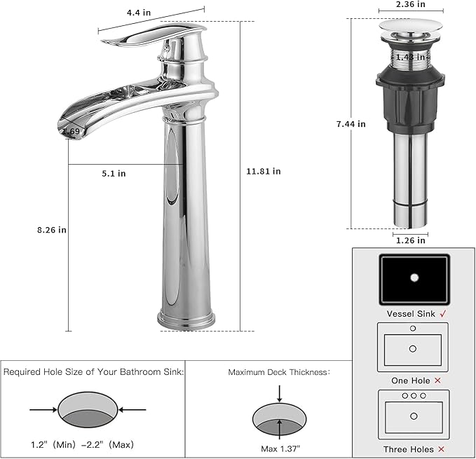 BWE Bathroom Vessel Sink Faucet Waterfall Spout Single Handle One Hole Solid Brass Deck Mount Lavatory Mixer Tap Lavatory Vanity Sink Faucet with Pop Up Drain and Supply Lines Chrome