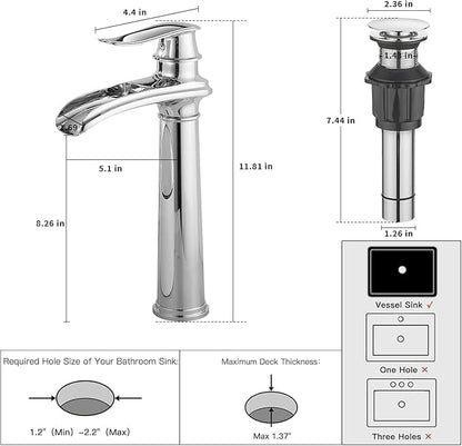 BWE Bathroom Vessel Sink Faucet Waterfall Spout Single Handle One Hole Solid Brass Deck Mount Lavatory Mixer Tap Lavatory Vanity Sink Faucet with Pop Up Drain and Supply Lines Chrome
