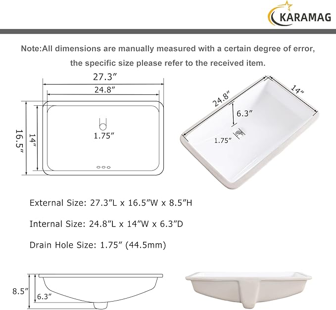 27 Inch Undermount Bathroom Sink Rectangle Undermount Sink White Ceramic Under Counter Bathroom Sinks with Overflow (27.3"x16.5")