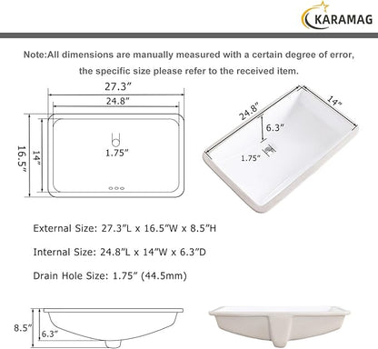 27 Inch Undermount Bathroom Sink Rectangle Undermount Sink White Ceramic Under Counter Bathroom Sinks with Overflow (27.3"x16.5")