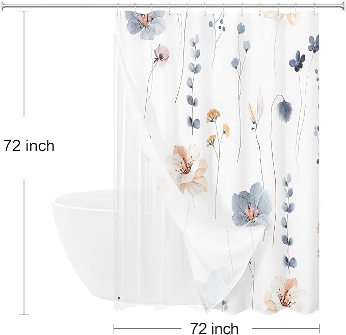 3 in 1 Blue Watercolor Floral Shower Curtain Liner Set, 72x72 | 3 in 1 Shower Curtain Set, PEVA Liner& 12 Double Sided Steel Hooks, Waterproof Fabric Bathroom Curtain