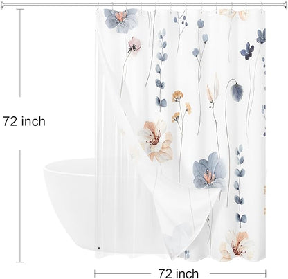 3 in 1 Blue Watercolor Floral Shower Curtain Liner Set, 72x72 | 3 in 1 Shower Curtain Set, PEVA Liner& 12 Double Sided Steel Hooks, Waterproof Fabric Bathroom Curtain