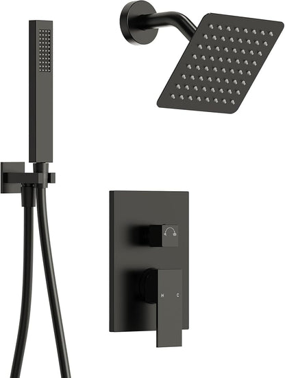 Wall Mount Shower System with Handheld Shower, Matte Black | 6-inch rain head, pressure-balanced brass valve, 2-function control and included 59-inch hose