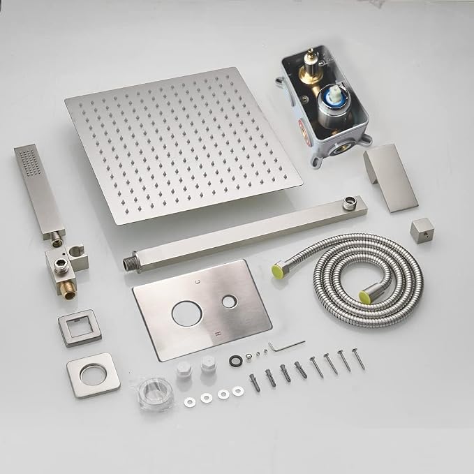 Brushed Nickel Shower System 12 Inches Bathroom Luxury Rain Shower Head with Handheld Combo Set Wall Mounted High Pressure Rainfall Shower Head System Shower Faucet with Valve and Trim Kit