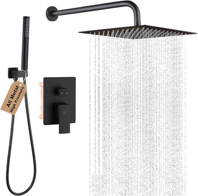 Matte Black Shower Faucet Set Rainfall 10 Inch Shower Head and Handle Set Bathroom Rain Shower System Wall Mounted Shower Fixture Include Shower Valve and Trim Kit