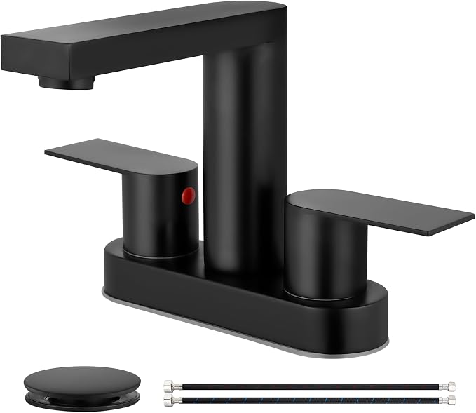 Matte Black Bathroom Sink Faucet,4 Inch Centerset,Two Handle | Lead-Free SUS304 Stainless Steel 2 or 3-Hole Centerset Bathroom Faucet,Pop-Up Drain & cUPC Supply Lines for Vanity Sinks & RV
