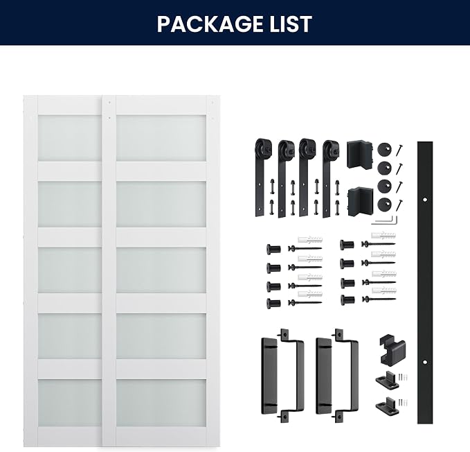 SMARTSTANDARD Double 30×84 Glass Barn Door with Sliding Hardware Kit | Pre-Drilled Ready to Assemble, Waterproof PVC Coating, 5-Panel Glass, White
