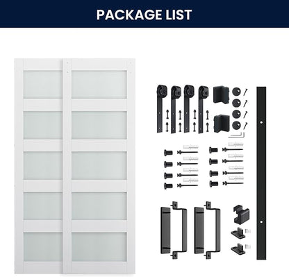 SMARTSTANDARD Double 32×84 Glass Barn Door with Sliding Hardware Kit | Pre-Drilled Ready to Assemble, Waterproof PVC Coating, 5-Panel Glass, White