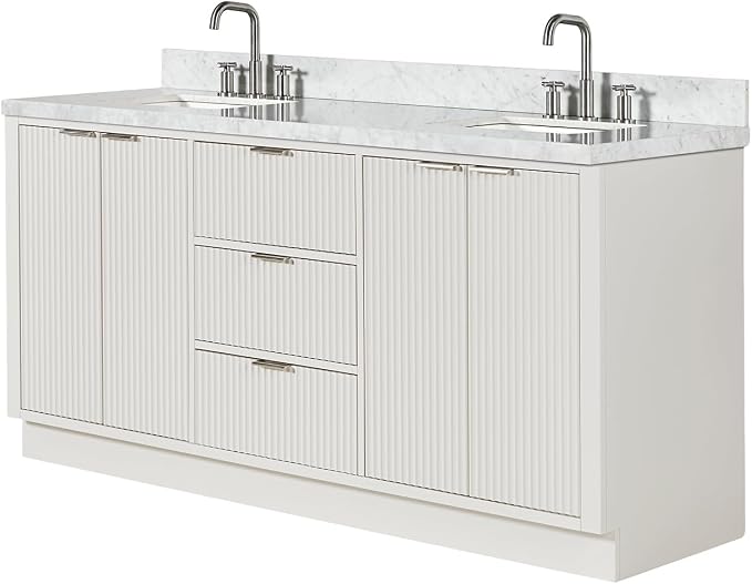 ARIEL Milan 72-inch Bathroom Vanity with Sink,Solid Wood, 1.5-inch Italian Carrara Marble Countertop, Double Rectangular Porcelain Sink, 4 Soft Closing Doors, 3 Dovetail Drawers, Warm White