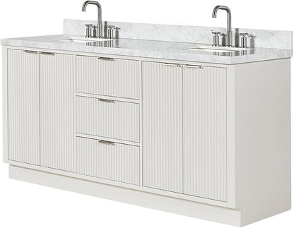 ARIEL Milan 72-inch Bathroom Vanity with Sink,Solid Wood, 1.5-inch Italian Carrara Marble Countertop, Double Rectangular Porcelain Sink, 4 Soft Closing Doors, 3 Dovetail Drawers, Warm White