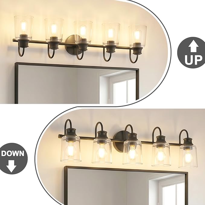 5 Lights Bathroom Light Fixtures Modern Black Vanity Lights | ETL Certificate, Easy to Install,Wall Mount Up or Down,Thickened Glass Lampshade,E26 Socket,Hardwired