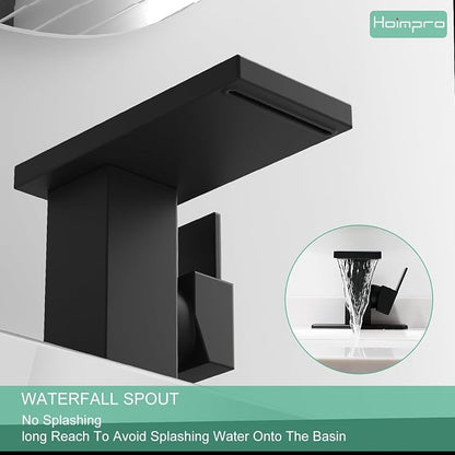 Hoimpro Bathroom Faucet 1 Hole, Single Handle Black Sink Faucets | Widespread Vanity Faucet with 6 Inch Deck Plate Pop-up Drain & cUPC Supply Line Stainless Steel, for Vanity RV Restroom