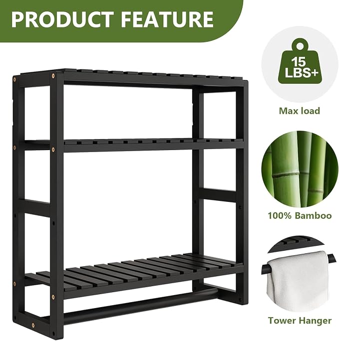 Galood Over The Toilet Storage Bathroom Shelves Wall Mounted Black Sets | 3 Tier Space Saver Corner Shelf Organizer Bamboo Towel Rack Toilet Paper Cabinet with Hanging Rod