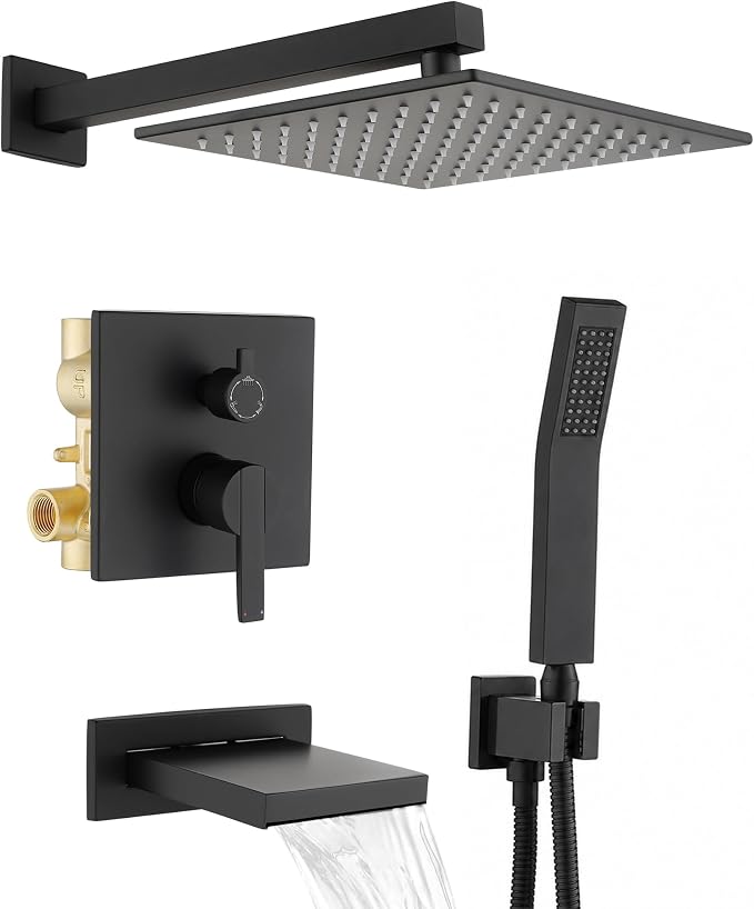 Shower System with Tub Spout, All Metal Black Bathtub Shower Faucet Set with High Pressure 10 Inch Rain Shower Head and Handheld Shower Head Set, Matte Black (Valve Include）