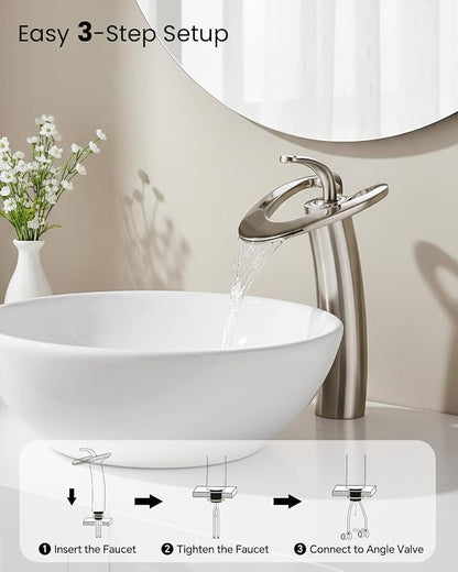 Brushed Nickel Tall Bathroom Faucets 1 Hole, Single Hole Vessel Sink Vanity Faucet, Unique Modern Bathroom Mixer Tap for Bowl Sink Lavatory, llaves para lavamanos de baño,lavamanos de baño modernos