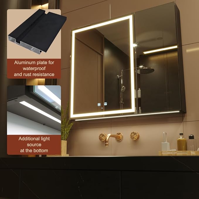 30x28 Inch Two Doors Aluminum LED Bathroom Medicine Cabinet with Mirror | Light Adjustment, Anti-Fog, Sockets&USBs, High Capacity, Easy to Install