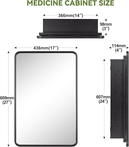 17 x 27 Bathroom Medicine Cabinet with Mirror Metal Frame Recessed Or Wall Mounted Single Door Storage Medicine Cabinets with Adjustable Shelves Rounded Corner Beveled Mirrors
