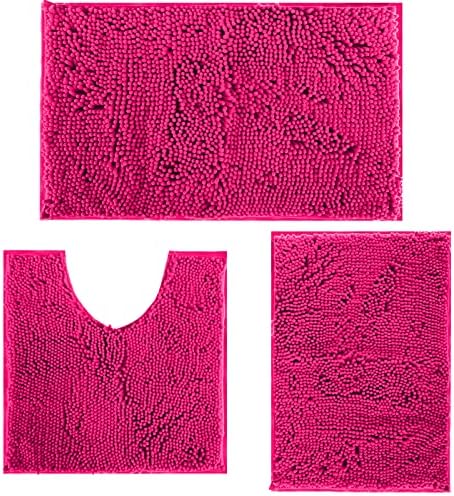 Deep Pink Plush Bath Set - 3 Piece Anti-Slip Mats, Soft Chenille Shaggy Mat for Bathroom, Bedroom & Living Room, Water Absorbent