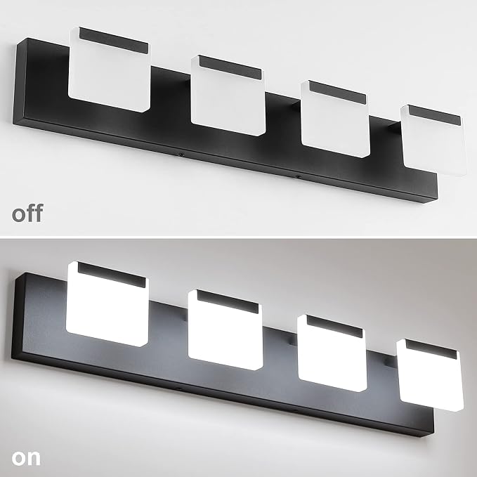 Ralbay 4 Light Black Bathroom Vanity Light Fixtures Acrylic Matte Black Vanity Light Fixtures LED Modern Bathroom Vanity Lights Over Mirror