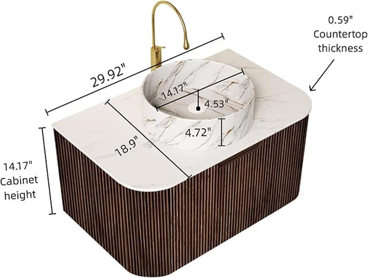 30'' Floating Vanity with Sink Combo, Modern Wall-Mounted Curved Edges Striped Bathroom Storage Cabinet with Soft-Close Drawer and White Stone Pattern Basin, Dark Walnut