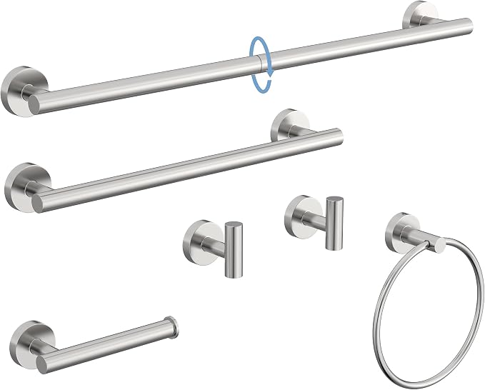Brushed Nickel Bathroom Accessories Set SUS304 Stainless Steel 6 Pieces | Evolvegoods Bathroom Hardware Set, 16&26 Inch Bath Towel Bar Set, 2 Towel Hooks, Toilet Paper Holder, Towel Racks