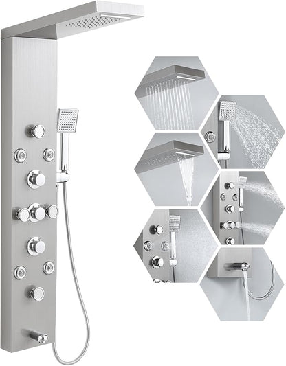 ROVATE 6 in 1 Shower Panel Tower System with Rainfall Waterfall Head, Brushed Shower Tower with Body Jets and Rainfall and Handheld, Tub Spout, Brushed Stainless Steel Shower Column High Pressure