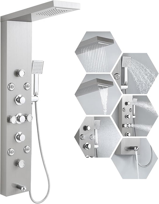 ROVATE 6 in 1 Shower Panel Tower System with Rainfall Waterfall Head, Brushed Shower Tower with Body Jets and Rainfall and Handheld, Tub Spout, Brushed Stainless Steel Shower Column High Pressure