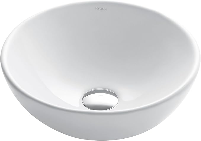 KRAUS Elavo Round Vessel White Porcelain Ceramic Bathroom Sink, 14 inch KCV-341