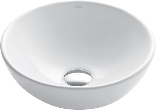 KRAUS Elavo Round Vessel White Porcelain Ceramic Bathroom Sink, 14 inch KCV-341