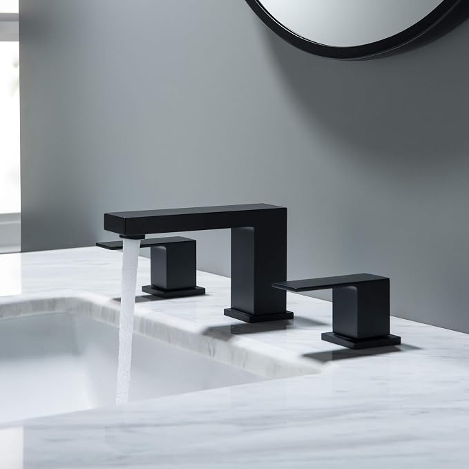 2-Handle Cube Bathroom Sink Faucet with Drain Assembly | 3-Hole Installation, Solid Brass Construction | 8-Inch Wide Spread Lavatory Faucet | Matte Black, KBF1024
