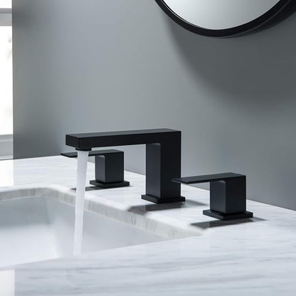 2-Handle Cube Bathroom Sink Faucet with Drain Assembly | 3-Hole Installation, Solid Brass Construction | 8-Inch Wide Spread Lavatory Faucet | Matte Black, KBF1024