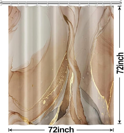 Brown Shower Curtain, Modern Brown Gold Grey Marble Shower Curtain for Bathroom Aesthetic Ink Texture Waterproof Shower Curtain Set with Hooks, 72x72 Inch