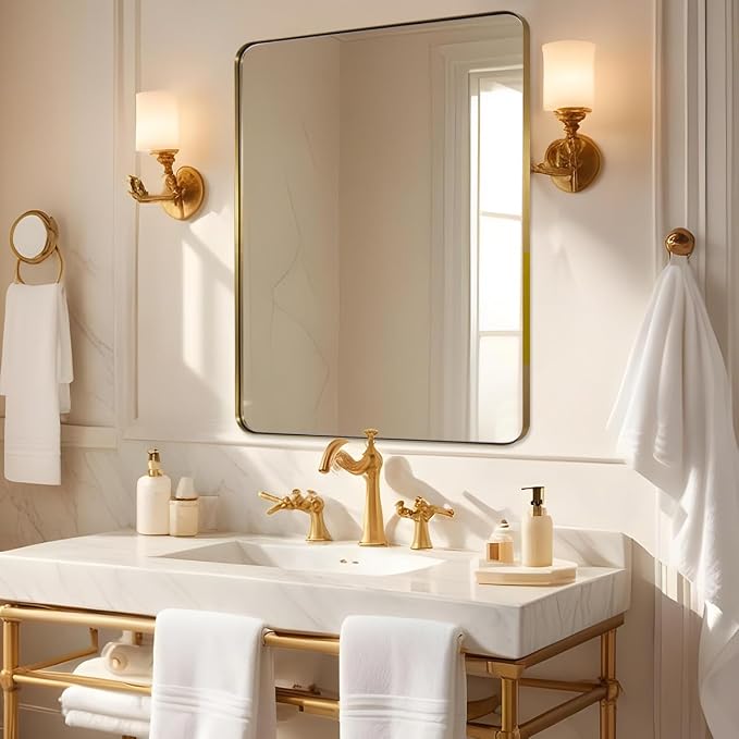 Gold Bathroom Mirrors for Over Sink, 24x32 Inch Brushed Gold Wall Mirror, Rectangular Metal Framed Vanity Mirror -Modern Clean Design with Superior Stainless Steel Frame