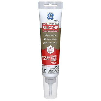 GE Advanced Silicone Caulk for Kitchen & Bathroom, Clear, 2.8 fl oz Tube, 12 Pack - 100% Waterproof Silicone Sealant, 5X Stronger Adhesion, Shrink & Crack Proof