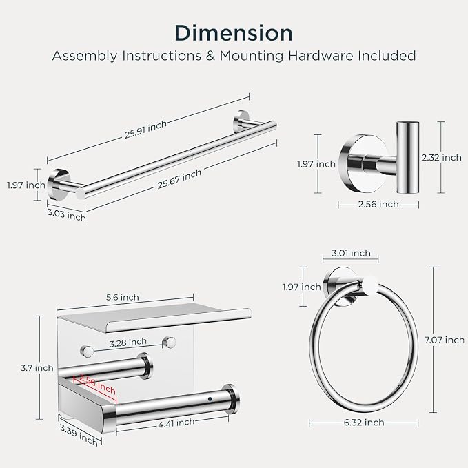 FORIOUS Bathroom Accessories, 5-Piece Bathroom Hardware Set - 24" Towel Bar | Chrome | Towel Hooks, Towel Racks for Bathroom, Toilet Paper Holder With Shelf & Towel Ring | SUS304 Stainless Steel