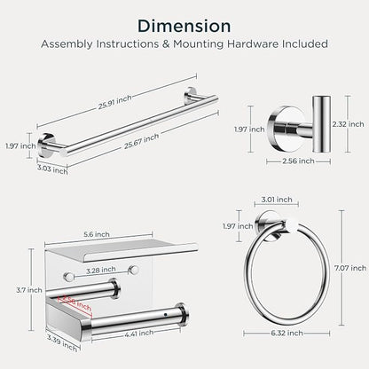 FORIOUS Bathroom Accessories, 5-Piece Bathroom Hardware Set - 24" Towel Bar | Chrome | Towel Hooks, Towel Racks for Bathroom, Toilet Paper Holder With Shelf & Towel Ring | SUS304 Stainless Steel