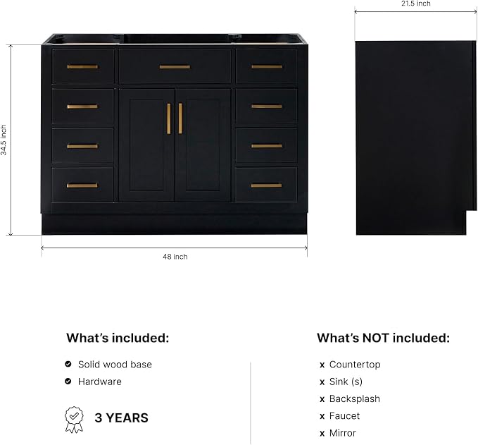 ARIEL Hepburn 48-inch Bathroom Vanity Base Cabinet,Solid Wood, 2 Soft Closing Doors, 9 Dovetail Drawers, Black