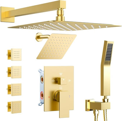 Shower Systems with 4 Body Spray Jets, STARBATH 4 Way 12+6" Rainfall Shower Head with Handheld Combo, Wall Mounted Shower Jets System in Wall Shower Faucet Sets Complete,Brushed Gold