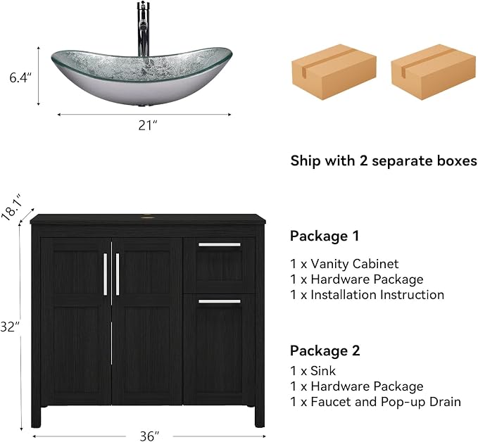 YOURLITE 36" Bathroom Vanity with Sink, White Bathroom Vanity and Sink Combo with Faucet & Pop Up Drain Set,Traditional Vanity with Blue Glass Boat Bathroom Sink