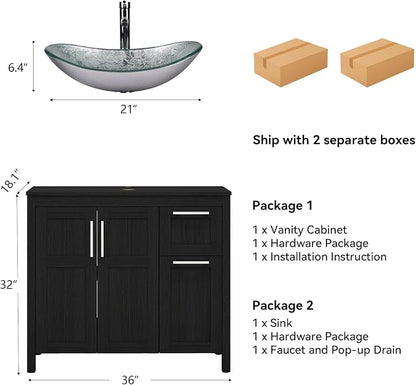YOURLITE 36" Bathroom Vanity with Sink, White Bathroom Vanity and Sink Combo with Faucet & Pop Up Drain Set,Traditional Vanity with Blue Glass Boat Bathroom Sink