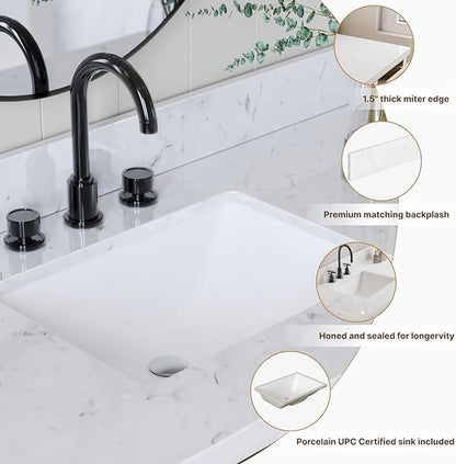 ARIEL Kelly 72-inch Bathroom Vanity with Sink,Solid Wood, 1.5-inch Carrara White Quartz Countertop & Backsplash, Double Rectangular Porcelain Sink, 4 Soft Closing Doors, 5 Dovetail Drawers, White