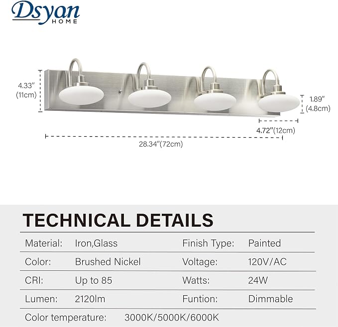 28in Brushed Nickel LED Vanity Light Fixtures,4-Light Bathroom Vanity Light Sconce Lamp,Bathroom Lamp Over Mirror, Modern Wall Sconce for Bath,Hallway,Cloakroom,3000K-6000K,Selectable, Dimmable
