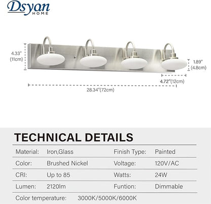28in Brushed Nickel LED Vanity Light Fixtures,4-Light Bathroom Vanity Light Sconce Lamp,Bathroom Lamp Over Mirror, Modern Wall Sconce for Bath,Hallway,Cloakroom,3000K-6000K,Selectable, Dimmable