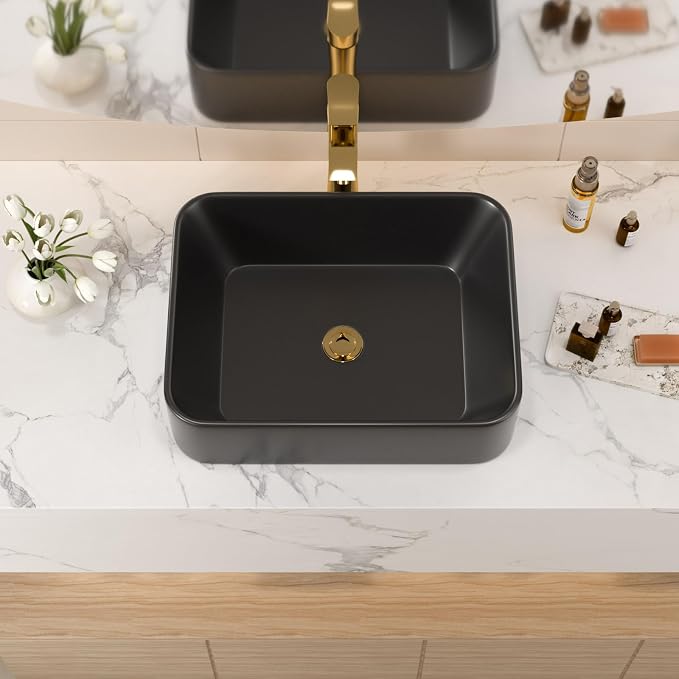 19x15 Black Topmount Vessel Bathroom Sink | black drop in dtopin top mount over counter rectangle bathroom sink