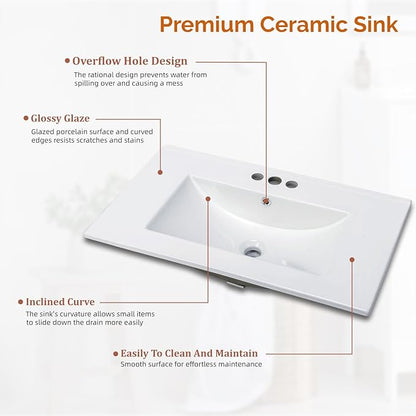 VINGLI 30" Farmhouse Bathroom Vanity with Sink, Undermount Vanity Sink Cabinet with Barn Door &Shelf,Free Standing Small Bathroom Storage Cabinet with 3 Holes Ceramic Basin Combo Set,Washed Gray