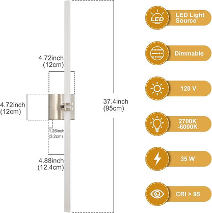 Bathroom Light Fixture LED Vanity Light 37.4" 5CCT Wall Sconce 35W | LED Dimmable Wall Light Nickel Modern 360° Lighting, Hardwired Vanity Light for Bathroom Mirror, Flicker-Free