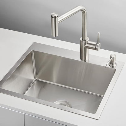Brushed Topmount Kitchen Sink - 22”×18” Single Bowl Sink | 9 Inch Deep Handmade Bar Sink with Strainer, Stainless Steel 304, Center Drain, X-Groove Drainage, Sound-Dampening Pad