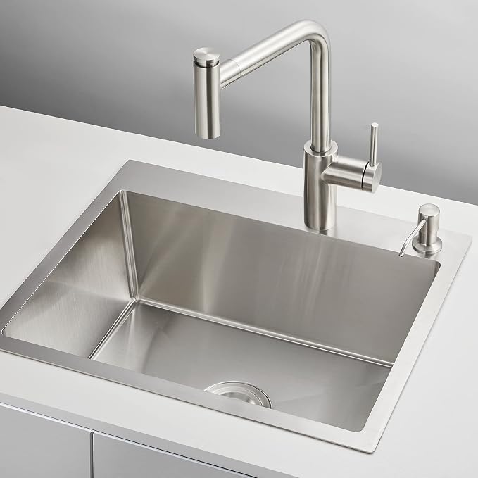 Brushed Topmount Kitchen Sink - 24”×18” Single Bowl Sink | 9 Inch Deep Handmade Bar Sink with Strainer, Stainless Steel 304, Center Drain, X-Groove Drainage, Sound-Dampening Pad