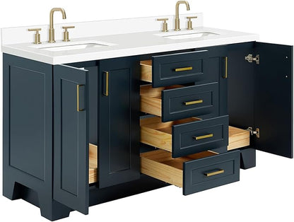 ARIEL Taylor 66-inch Bathroom Vanity with Sink,Solid Wood, 1.5-inch Pure White Quartz Countertop, Double Rectangular Porcelain Sink, 4 Soft Closing Doors, 5 Dovetail Drawers, Midnight Blue