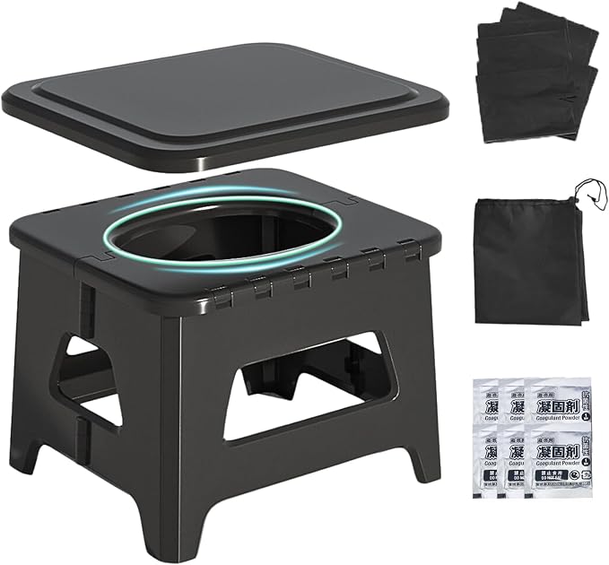 Wanheart Portable Toilet for Adults, Folding Camping Toilet with Lid & Solidifier, Emergency Seat for Limited Mobility, Compact Potty for Home, RV & Travel, Anti-Slip Design (Black)